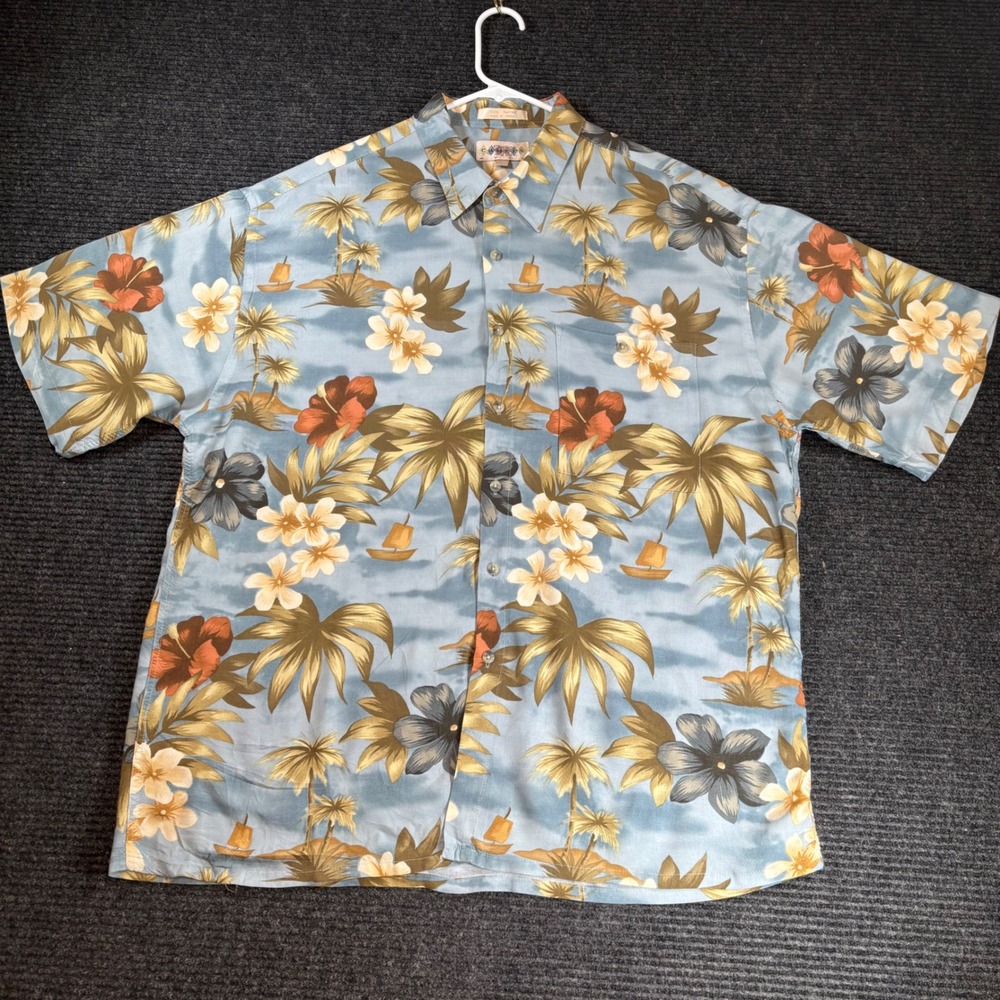 Campia Moda Mens XL Blue Tropical Palm Tree Hibiscus Rayon Button Up Shirt